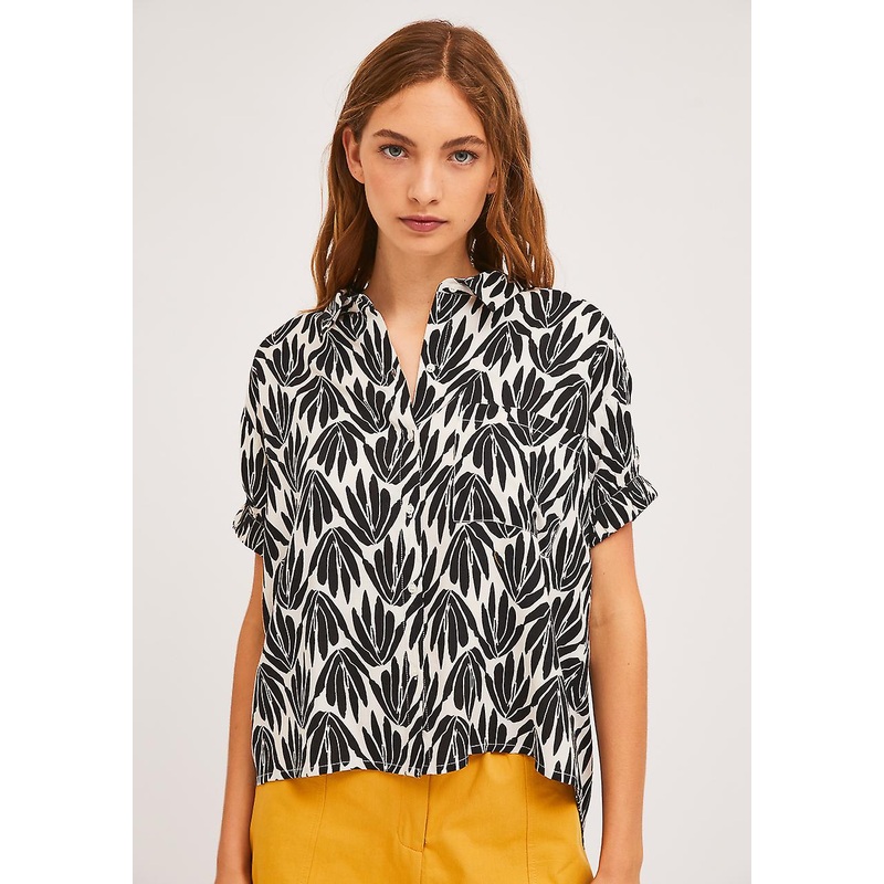Compania Fantastica White fluid-fabric shirt with black foliage print.