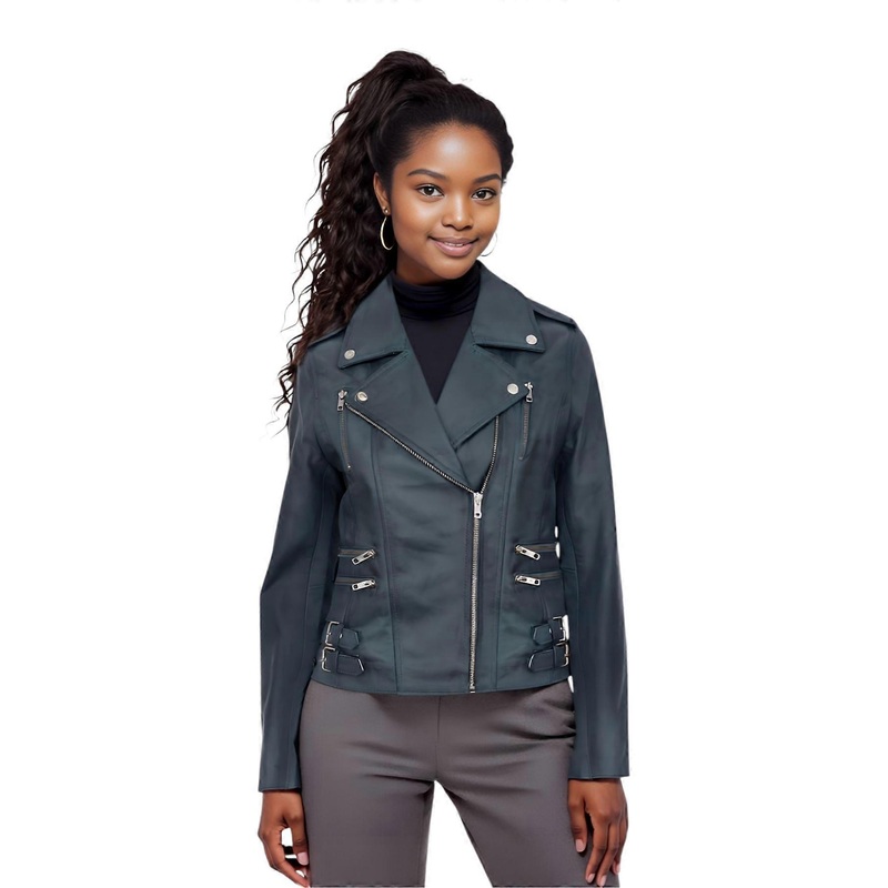 Ladies Leather Biker Jacket Teal Blue Real Lamb Nappa Vintage Gothic Buckle Jacket