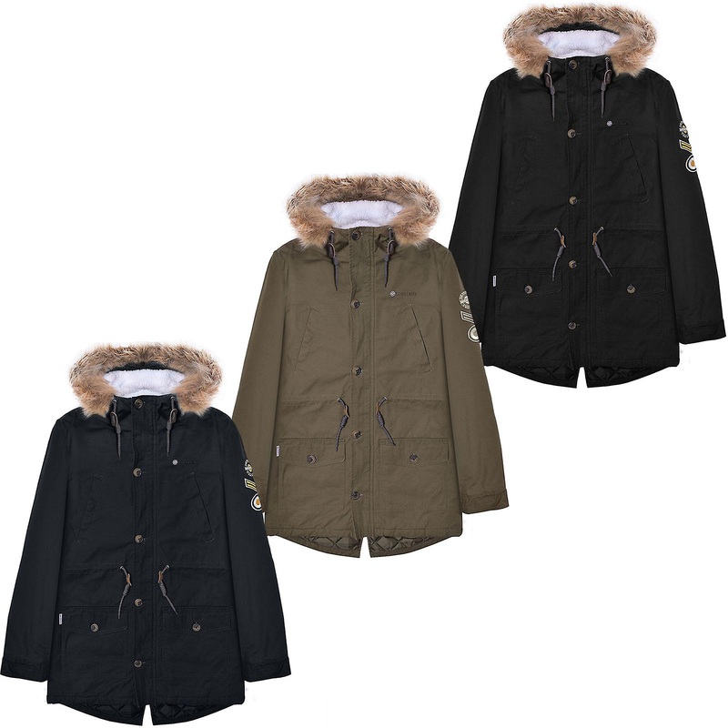 Lambretta Mens Parka Long Sleeve Zip Up Faux Fur Hooded Warm Winter Jacket Coat
