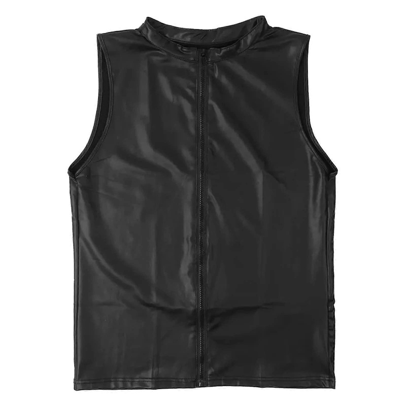 Men's Leather Sleeveless Vests Lingerie Stretch Shirt Tops Black XXL