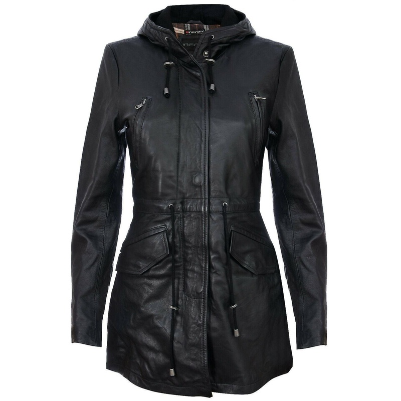 Women's Black Leather Hooded Parker Jacket Multi-Pocket Trench Coat