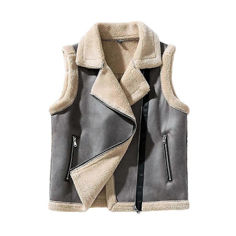 Mens Leather Vintage Punk Fur Fleece Lined Motorcycle Vest Size M Gray9 Punk Style