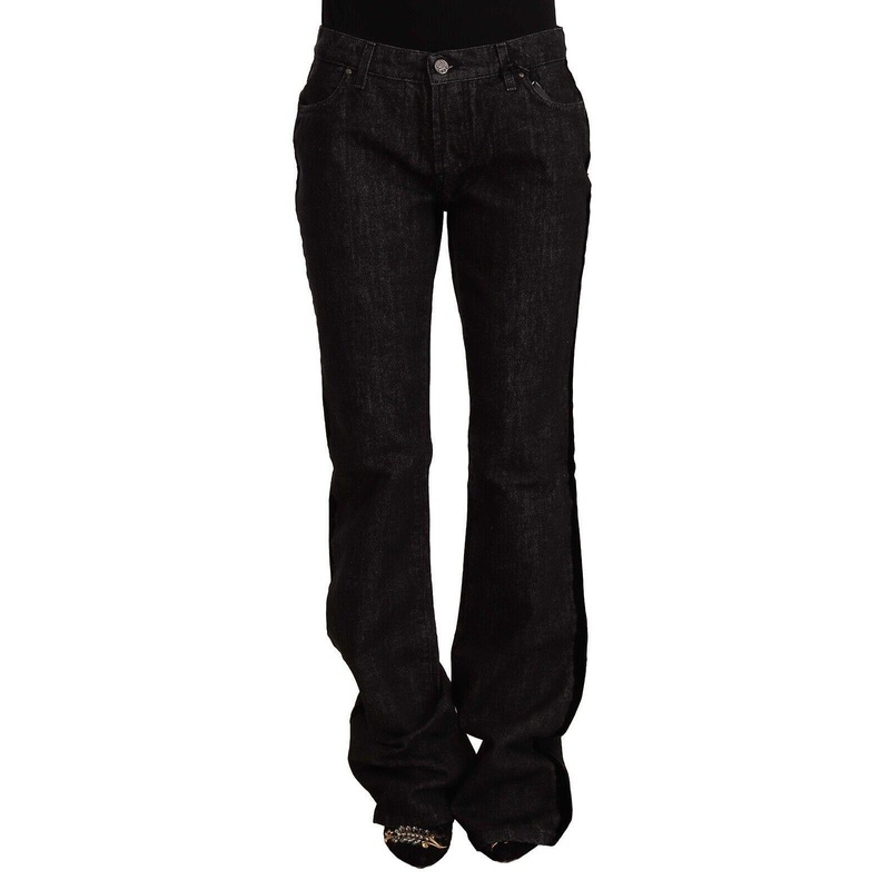 Gf Ferre Black Mid Waist Cotton Denim Straight Boot Cut Jeans