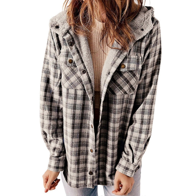 Women's Winter Coat Flannel Duffle Coat Casual Checked Jacket Warm Fleece