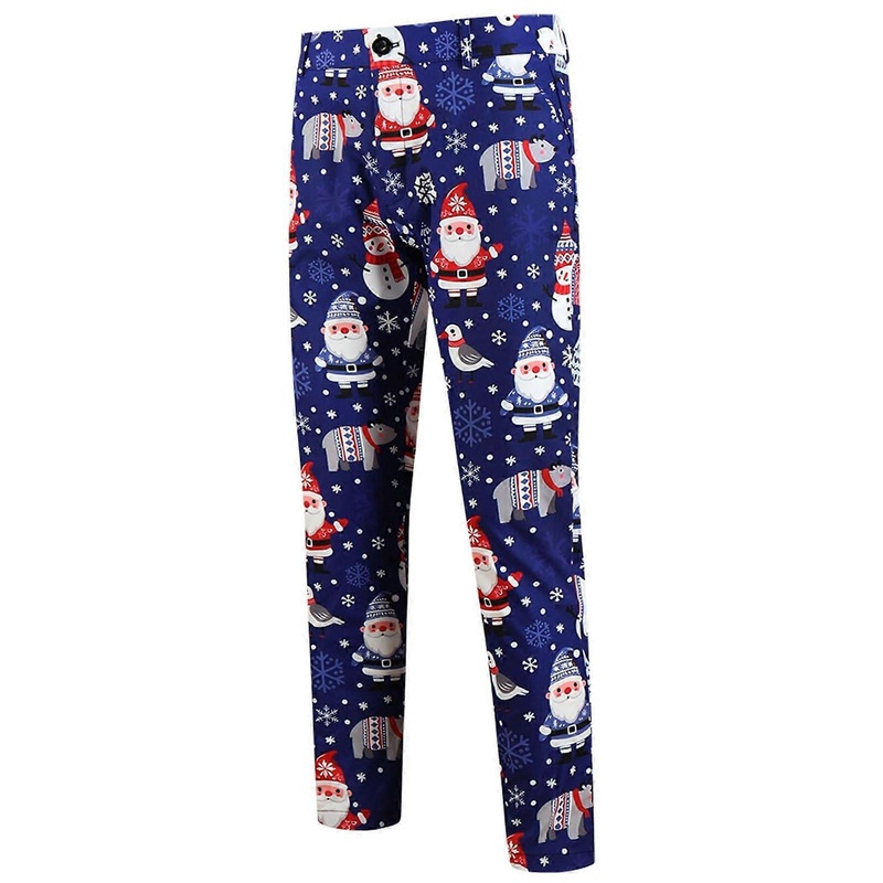 Christmas Trousers Men's Suit Trousers Regular Fit Christmas Print Tuxedo Chino Pants Blue Size L Business Leisure