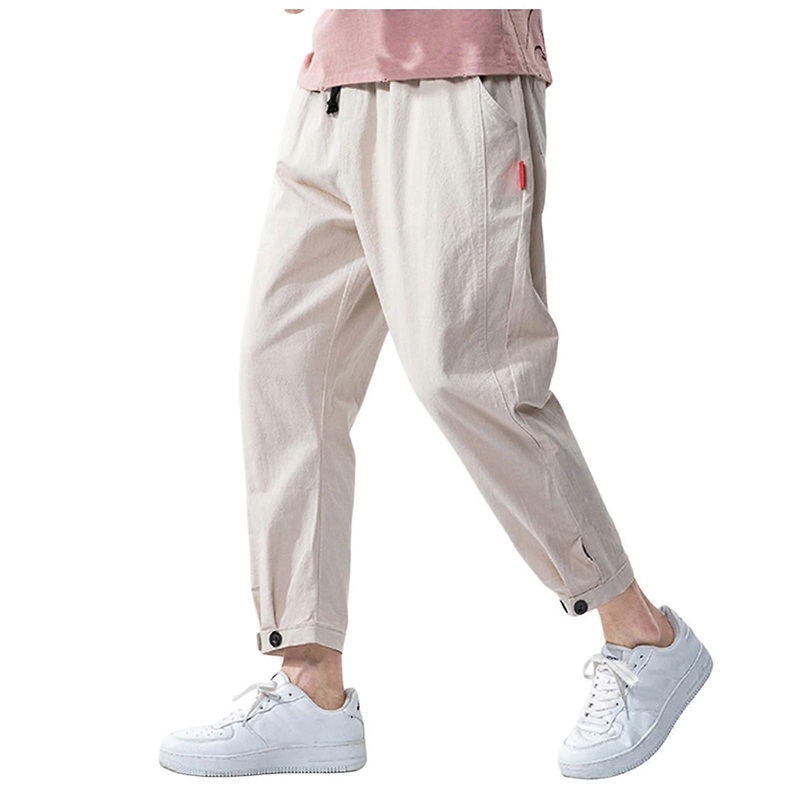 Men's Linen Trousers, Lightweight Casual Summer Pants, Elastic Waist, Loose Fit Beach and Yoga Trousers, Khaki XL