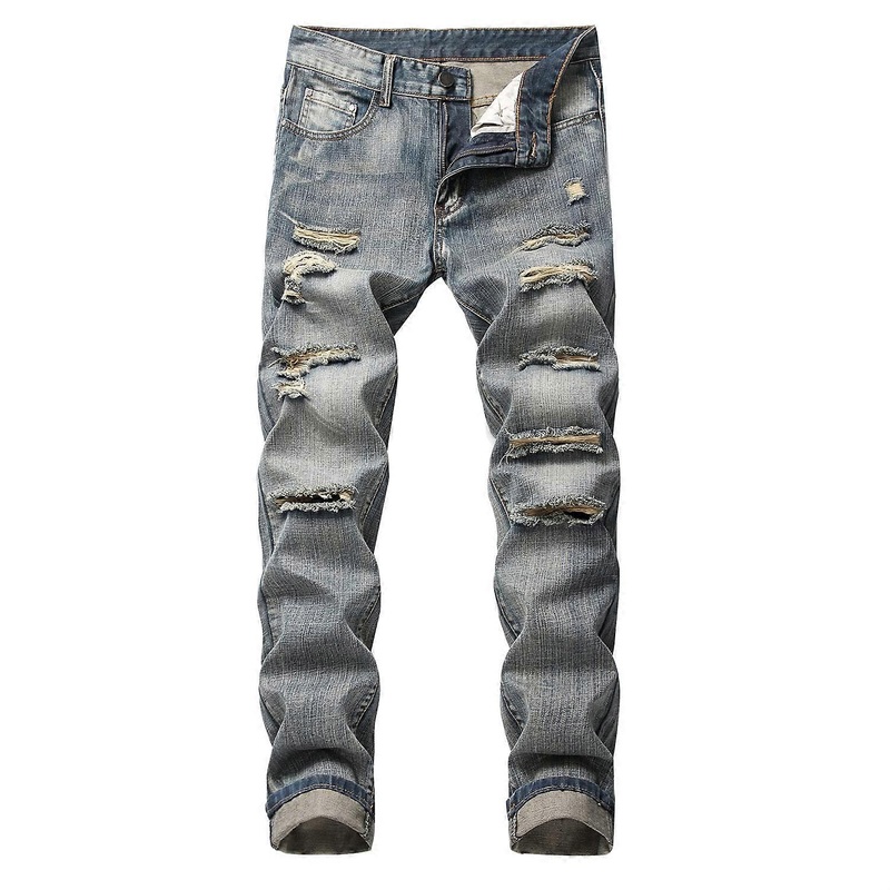 Men's Denim Trousers with Destroyed Leg in Distressed Look Casual Slim Cut Straight Biker Jeans Relaxed Comfortable Ripped Jeans 32 Blue