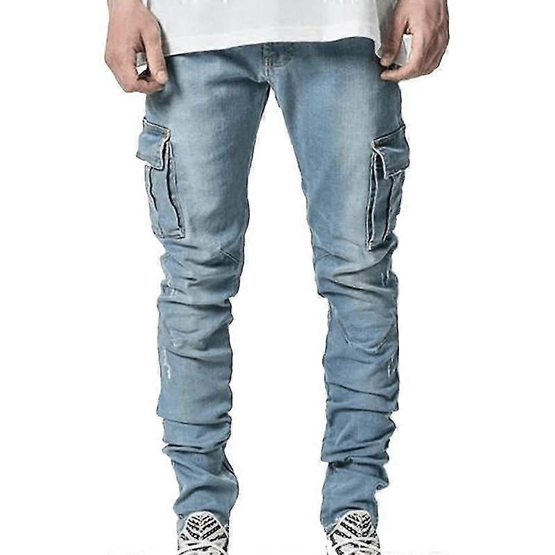 Minglan Men Cargo Combat Denim Trousers Skinny Jeans Casual Slim Fit Pants
