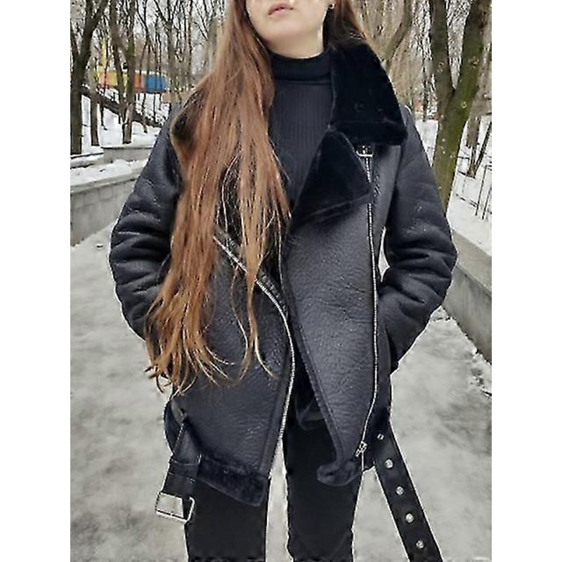 Warm Women Faux Fur Jacket With Belt Streetwear Female Moto Biker Loose Thick Coat Fashion Autumn Winter Outwear Coats Jackets