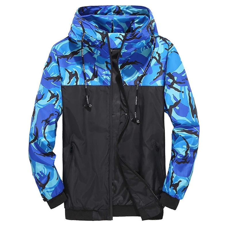 Sweatshirt Men's Camouflage Patchwork Worker Hoodie, Tactical Airsoft Clothing, Blue 3XL, High-Quality Soft Sweat Jacket