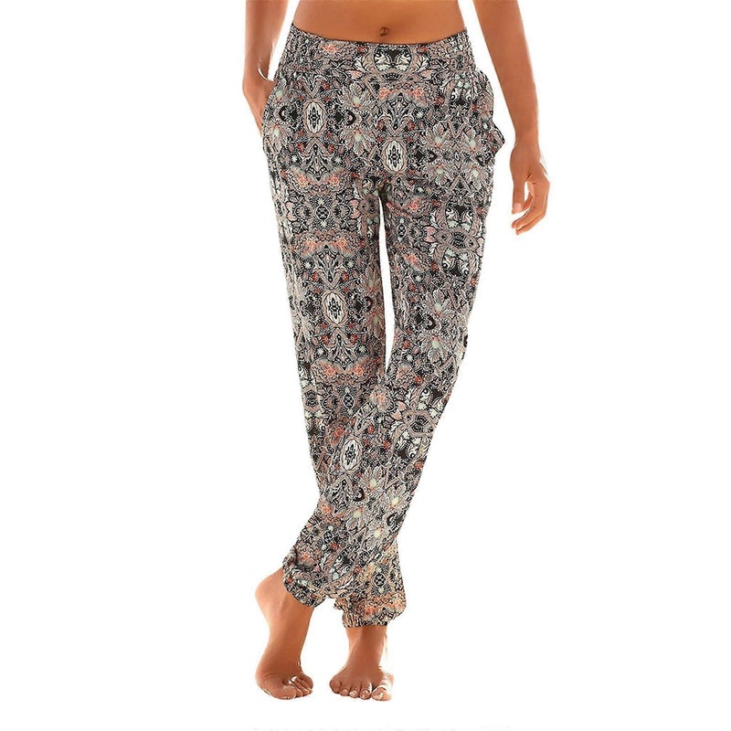 Boho Pocket Pants For Women, Elastic Waist, Printed, Long Beach Pants, 5XL