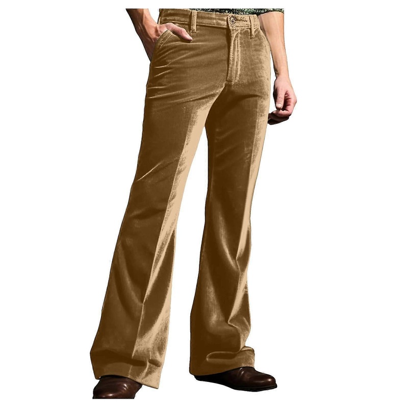 Men's Casual 70s Disco Jeans Hippie Bootcut Retro Flared Jeans S03 Khaki
