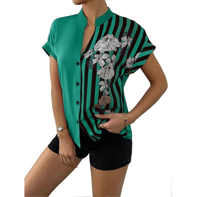 Women Blouses Floral Print Shirts Short Sleeve Tops Loose Stylish Button Up Breathable Green