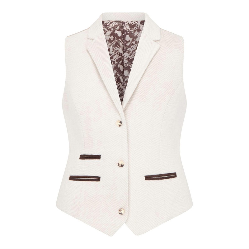Women's Cream Tailored Fit Wool Blend Tweed Waistcoat