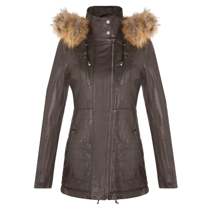 Women's Brown Leather Jacket Detachable Hooded Quilted Parka Trench Coat