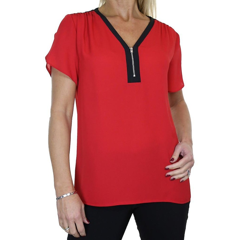 Women's Loose Zip V Neck Shirt Top Ladies Georgette Short Sleeve Casual Formal Business Office Evening Day Smart Blouse Size 8