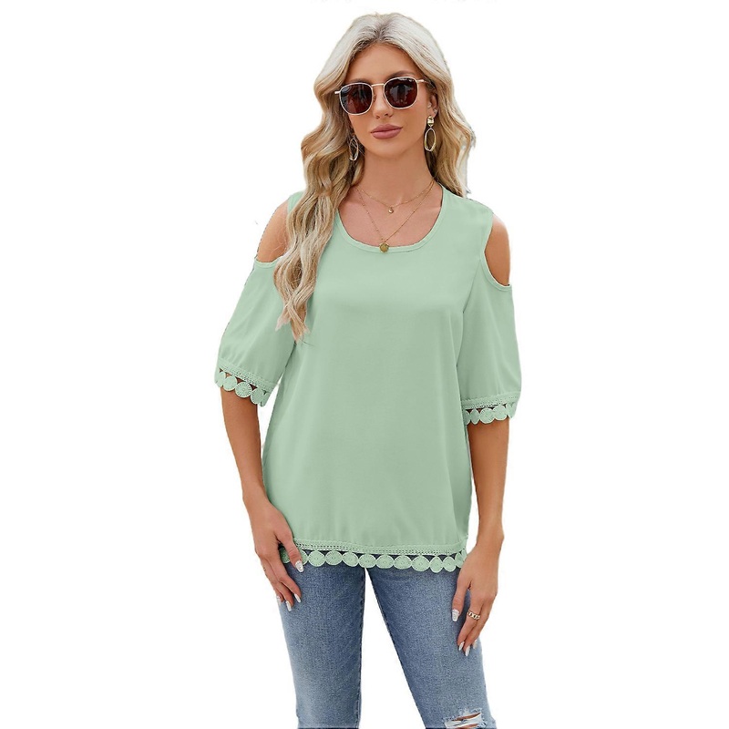 Women's Off Shoulder Floral Border Tops Round-Neck Loose Casual T-Shirts Short Sleeve Tees Light Green