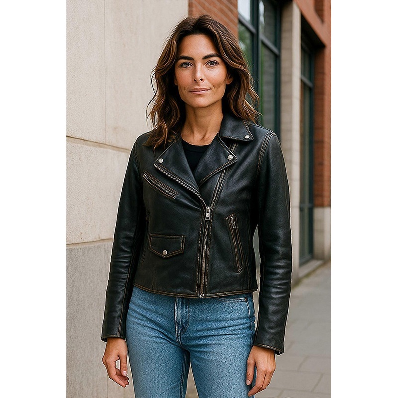 Womens Vintage Black Leather Biker Jacket Classic Brando Moto Real Leather Ladies Jacket