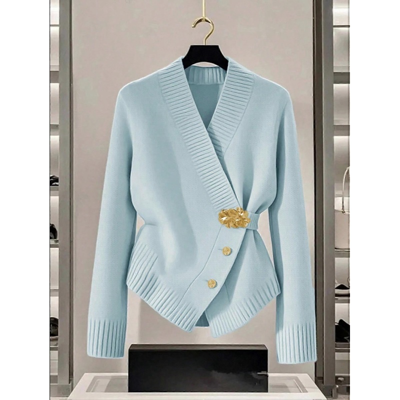Women's Blue Sweater, New Autumn/Winter Metal Button Asymmetrical Closure Cardigan, Versatile & Minimalist Design For Commuting