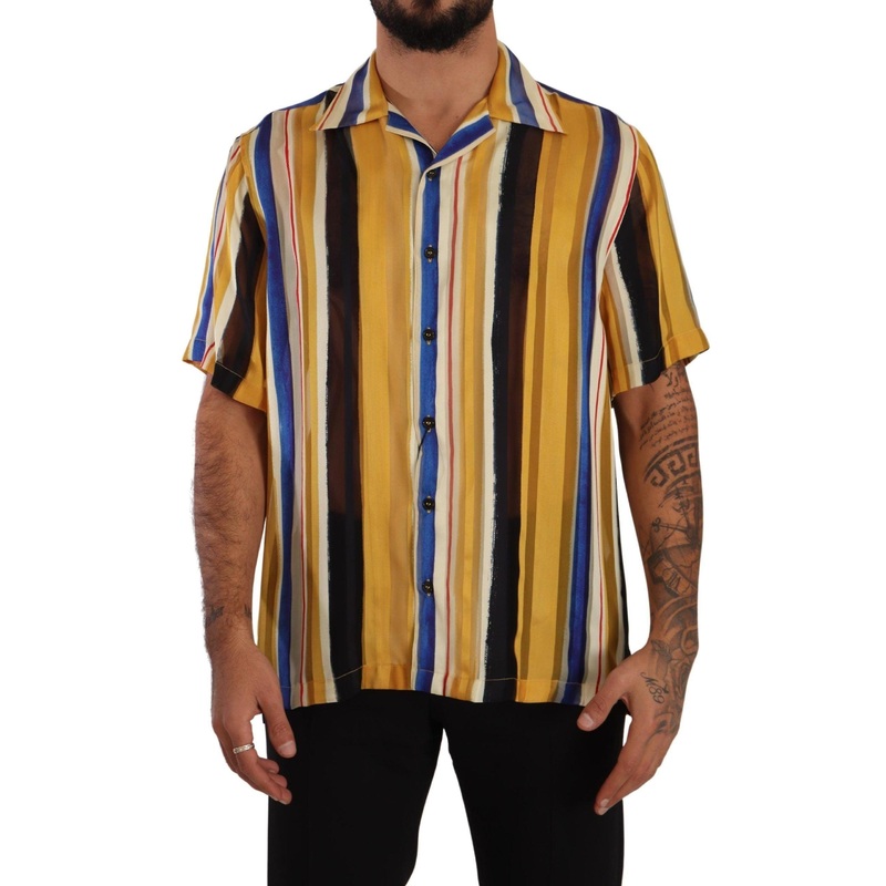 Yellow Striped Short Sleeve Silk Shirt