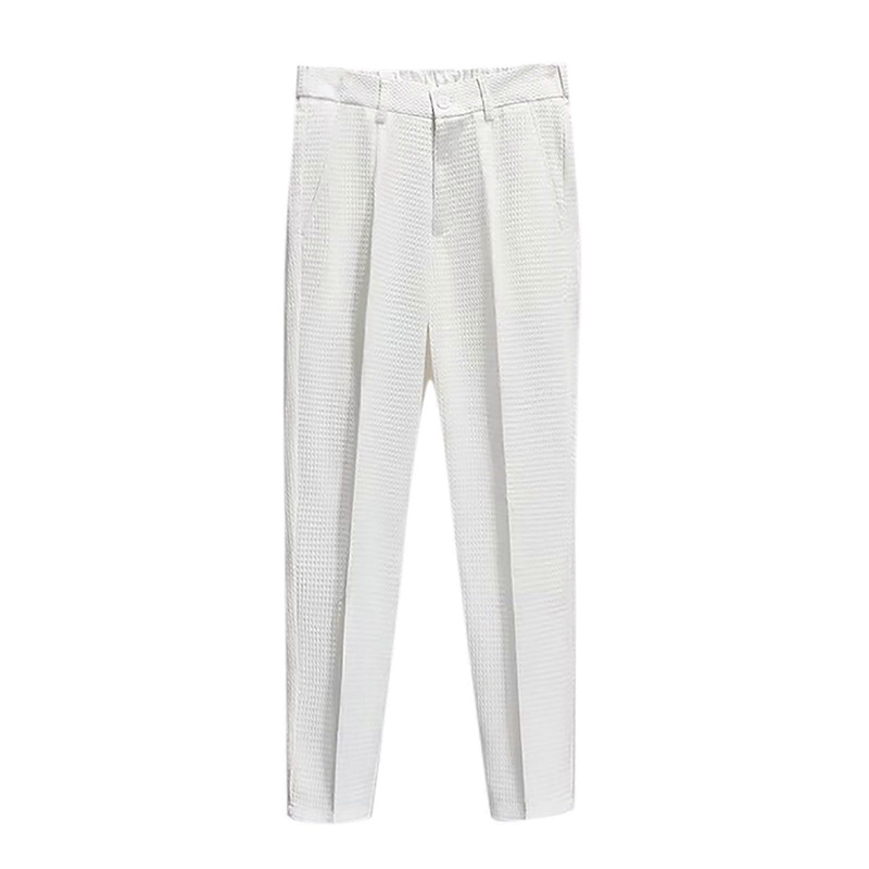 Men's Suit Trousers Retro Checked Pattern Regular Fit Stretch Pants with Pockets Elegant White Size 28
