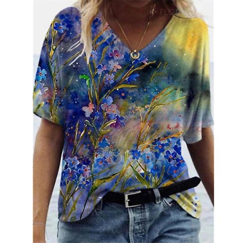 2022 New Women's Loose Top 3d Floral Print V-neck Short-sleeved T-shirt