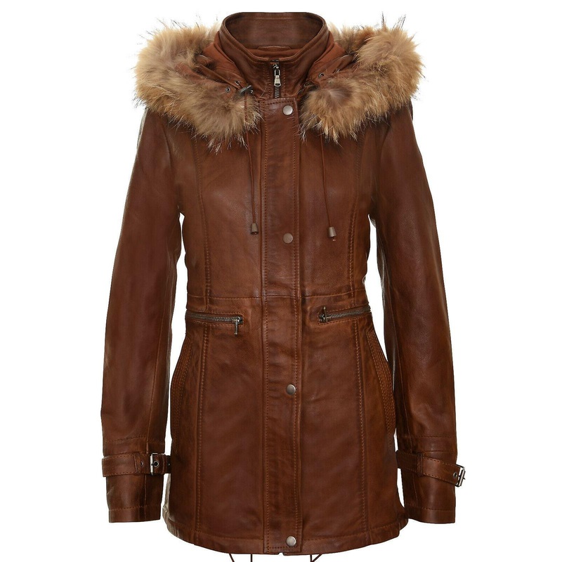 Women's Leather Jacket Detachable Hooded Parker Trench Coat