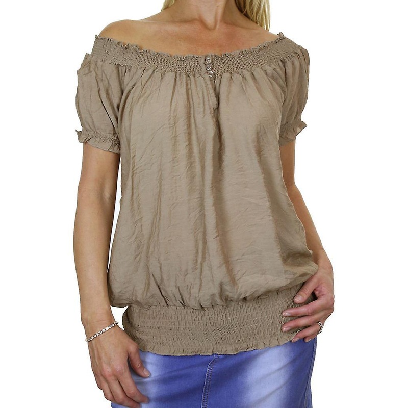 Women's Summer Stretch Off Shoulder Top Ladies Shirred Short Sleeve Elasticated Loose Boho Casual Everyday Beach Tunic Top Beige 8-12