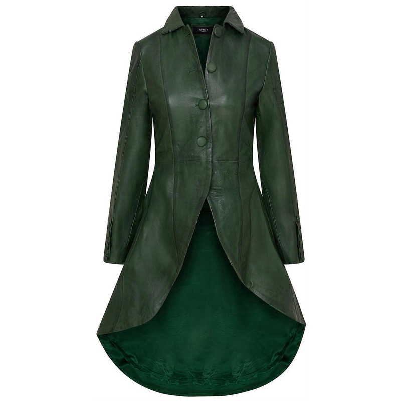 Womens Gothic Green Full Length Leather Coat Victorian Flare Goth Punk
