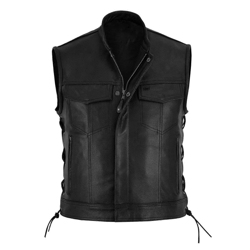 Men's Motorcycle Vest Black Leather XXL Laced Club Vest Biker Jacket M