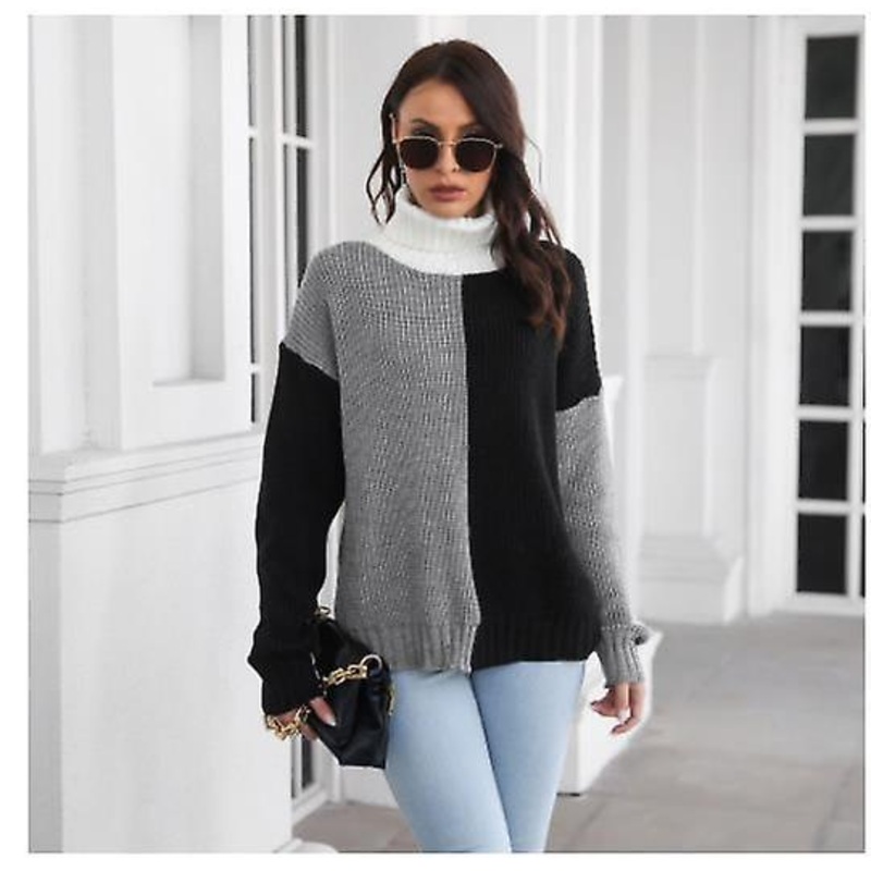 Women's Long-sleeved Spring And Summer Fashion Color Matching Turtleneck Sweater Women's High Quality Loose Knitwear Women's Dropped Shoulders Long-sl