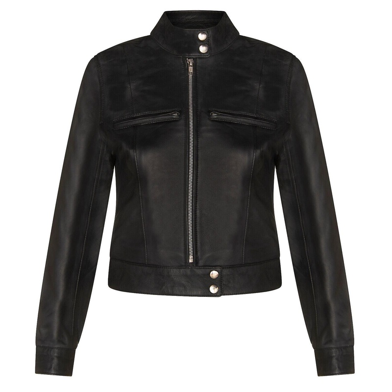 Women's Plain Black Leather Biker Motorcycle Jacket