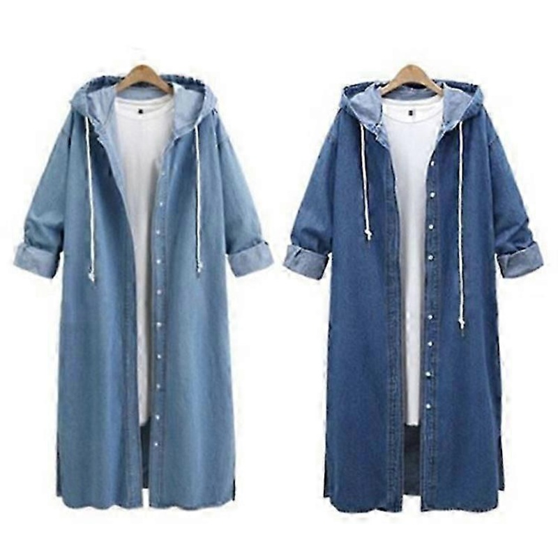Women Long Denim Jacket Jean Coat Hooded Outwear
