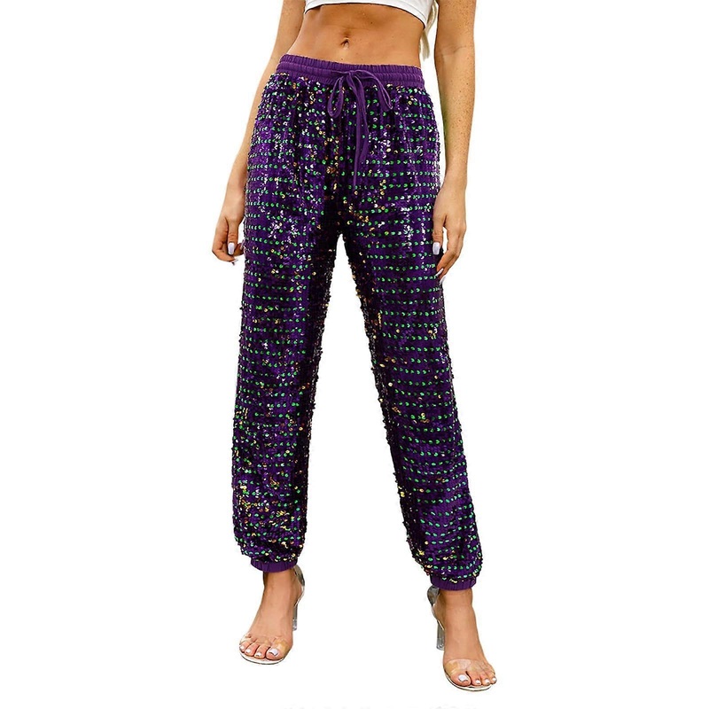 Women's Metallic Shiny Jogger Carnival Elegant Jogging Bottoms with Drawstring  Waist Trousers Party Festival Club Costume M purple