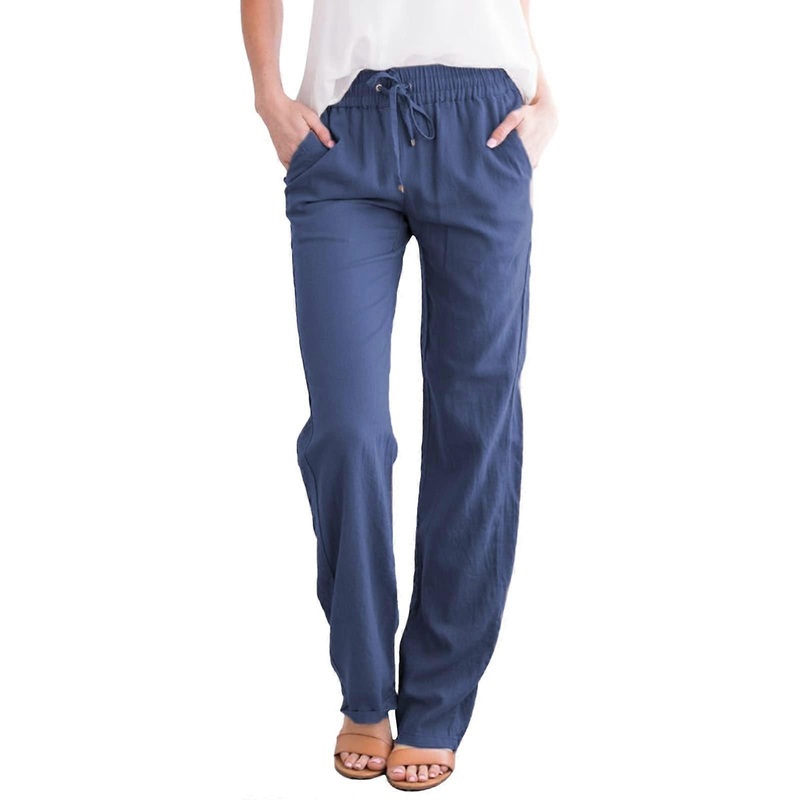 Linen Pants Women's Summer Loose  Waist Oversized Muslin Pants Navy Blue M