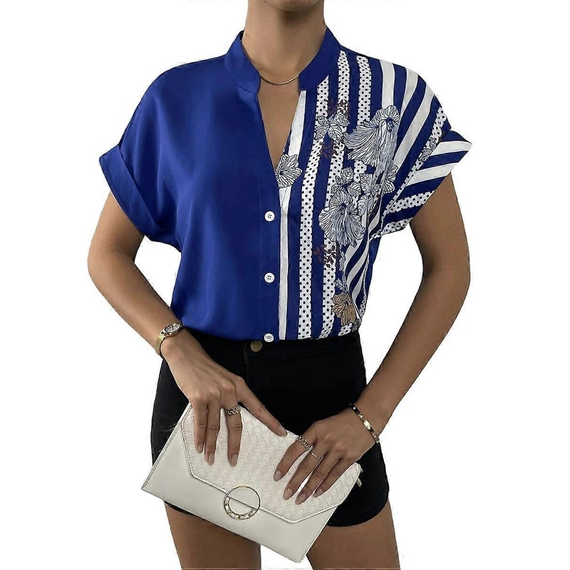Women Blouse Floral Striped Print Button Up Shirt Loose Short Sleeve Tops Blue