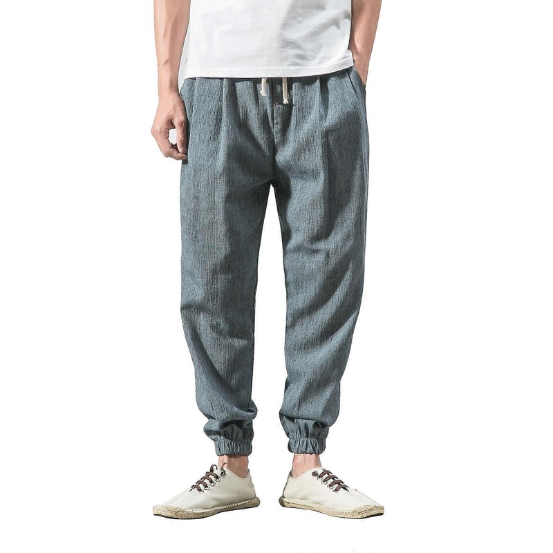 Men's Summer Harem Trousers 4XL Blue Wide Leg Linen Casual Aladdin Trousers Baggy Jogging Bottoms Outdoor Sports Wear