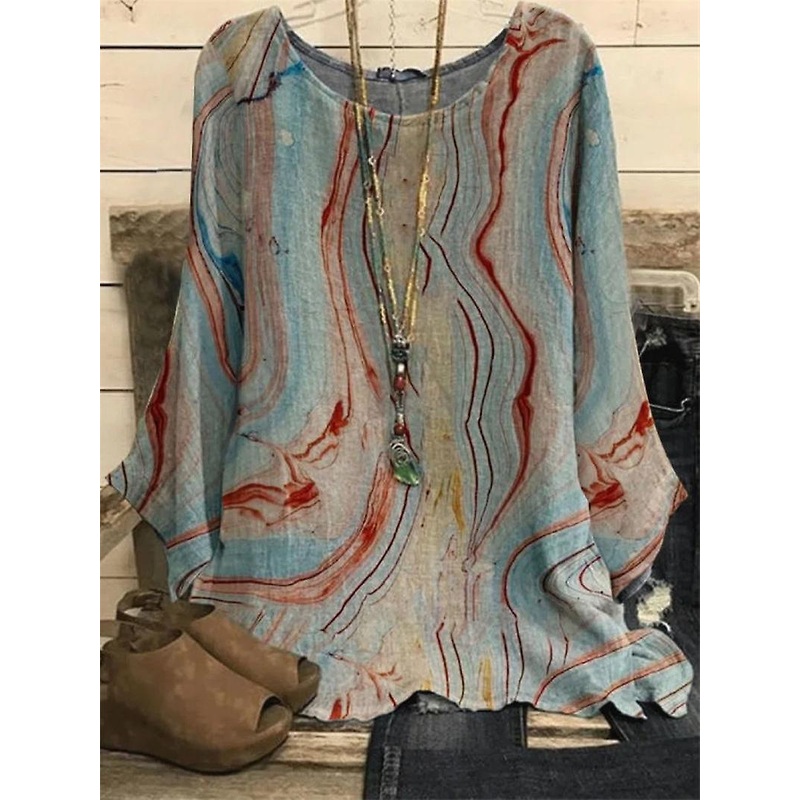 Womens Boho Long Sleeves Loose Blouse Ladies Print Pullover T-shirt Casual Tops