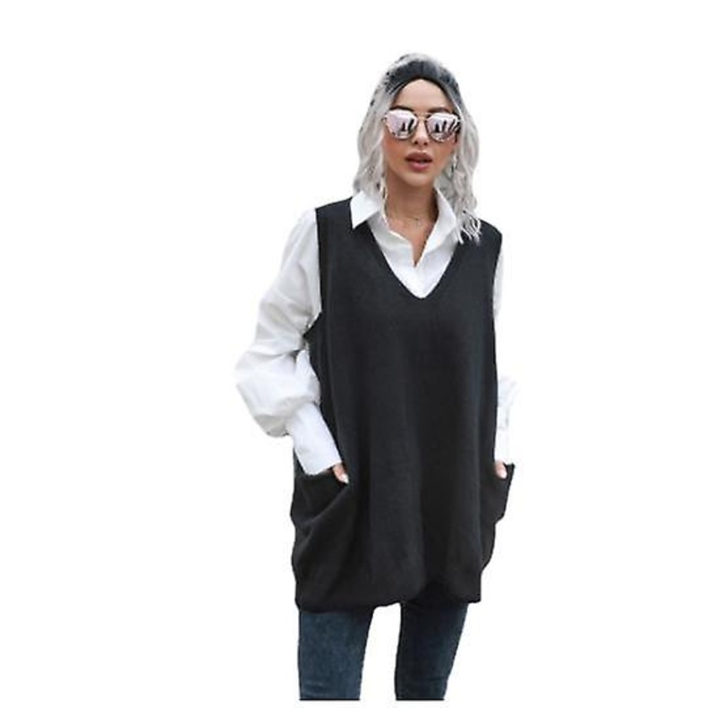 Women's Sexy V-neck Mid-length Sweater Vest Autumn And Winter High Quality Loose Outerwear Vest Solid Color Sleeveless Knitted Top With Pockets