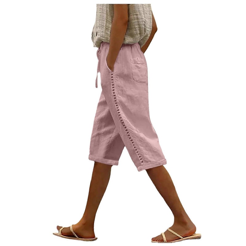 Linen Trousers Women's 3/4 Musseli Beach Shorts with Pockets Drawstring Cotton Blend Airy Jogging Pants Size L Rosa