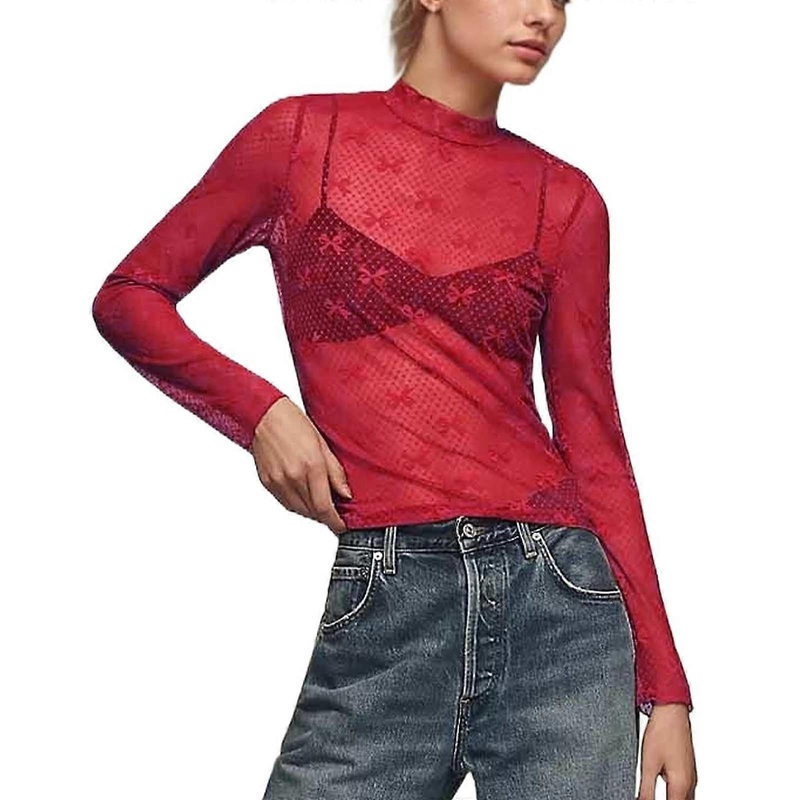 Women's Elegant Sexy Glitter Mesh Long Sleeve  See Through Turtleneck Floral Embroidery Transparent Lace Tops Black Size M