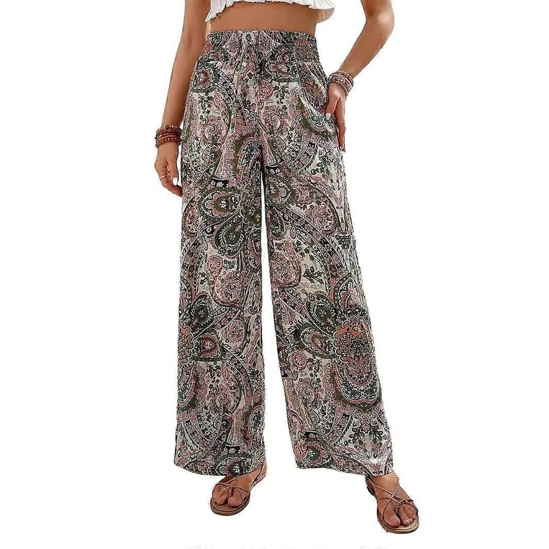 Floral Print Wide Leg Pants Casual Shirred Waist Pants For Spring & Fall Women's Boho Trousers Apricot