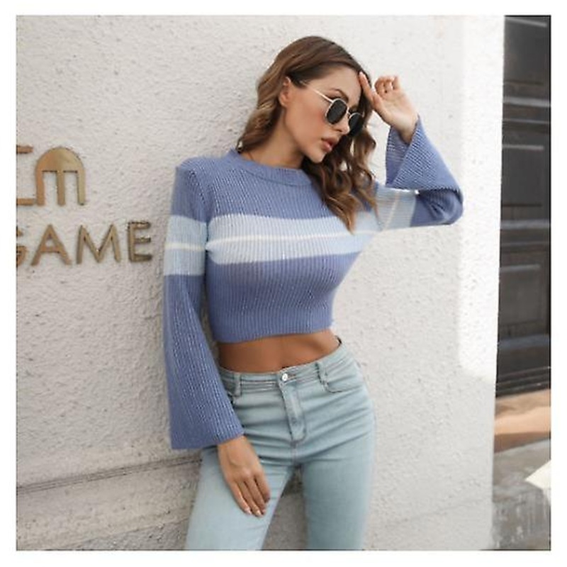 Women's Striped Knitwear Fashion Contrast Color Short Sweater Women Autumn And Winter Round Neck Long Sleeve Tops Women