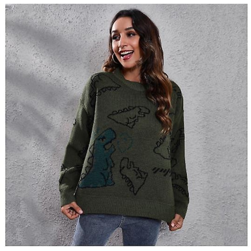 Women's Tops Spring And Autumn High Quality Dinosaur Cartoon Jacquard Long Sleeve Women's Fashion Casual Loose Knitted Sweater Women's Knitted Sweater