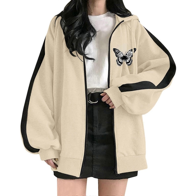 Women's Winter Jacket Butterfly Print Lightweight Windbreaker Hooded Sweatshirt Beige Size L
