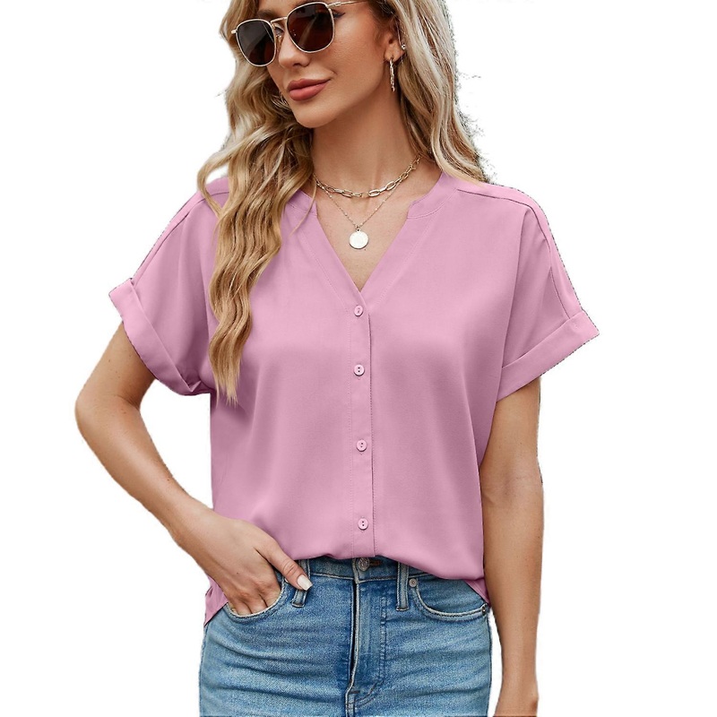 Women Shirts Button Down Tops Short Sleeve V Neck Cool Silk Chiffon Casual Blouses Pink