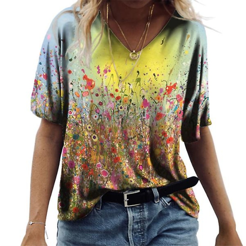 2022 Summer New Ladies 3d Watercolor Printed V-neck Short Sleeve Street Sports Loose T-shirt For Women