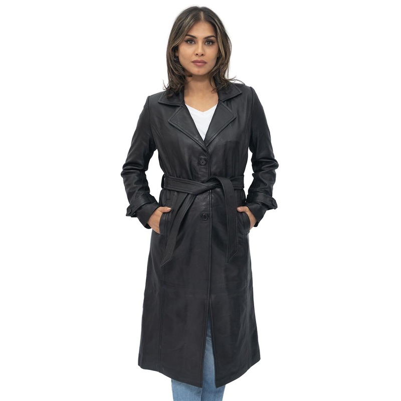 Womens Black Leather Classic Long Trench Coat