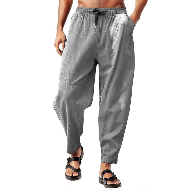 Herren Leinenhose Grau 3XL Kordelzug Sommer Freizeithose Baumwolle Jogginghose Casual Haremshose Strandmode Loungewear