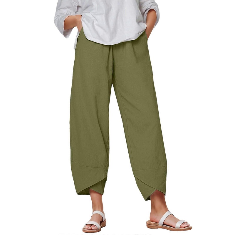 Women's Summer Linen 7/8 Fabric Trousers High Waist Comfortable Casual Jogger Pants Army Green Casual Elegant